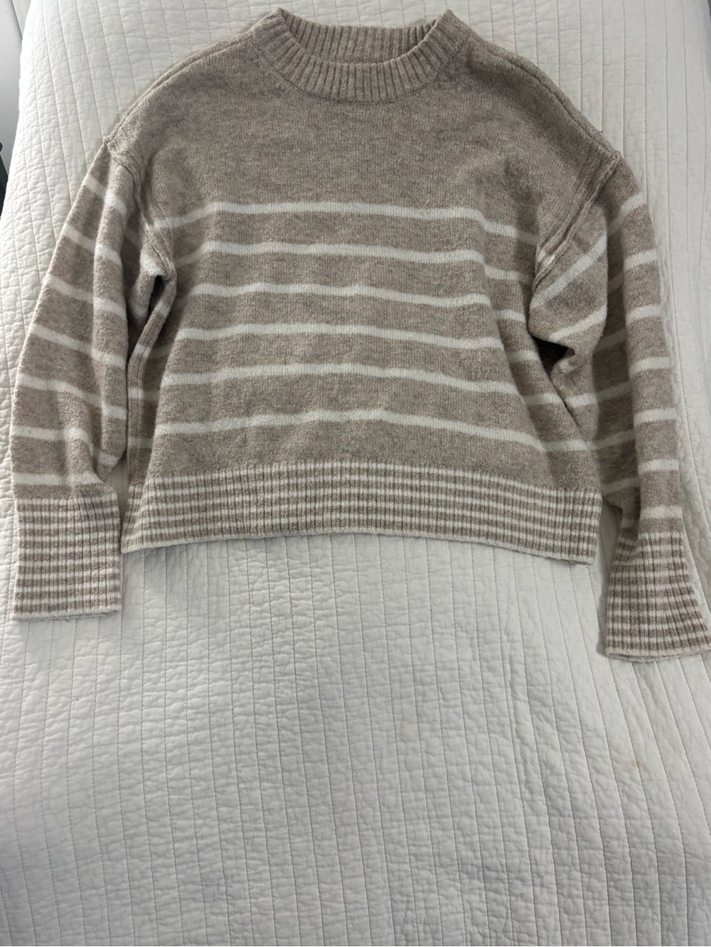 American Eagle Outfitters Taupe and White Striped Crewneck Sweater
